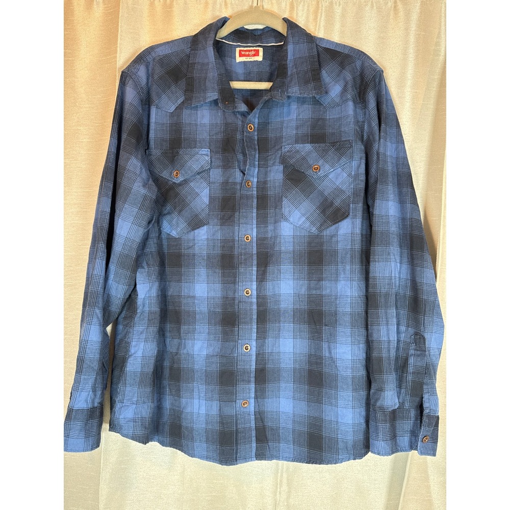 Wrangler Mens XL Blue Plaid Long Sleeve Western Flannel Shirt‎